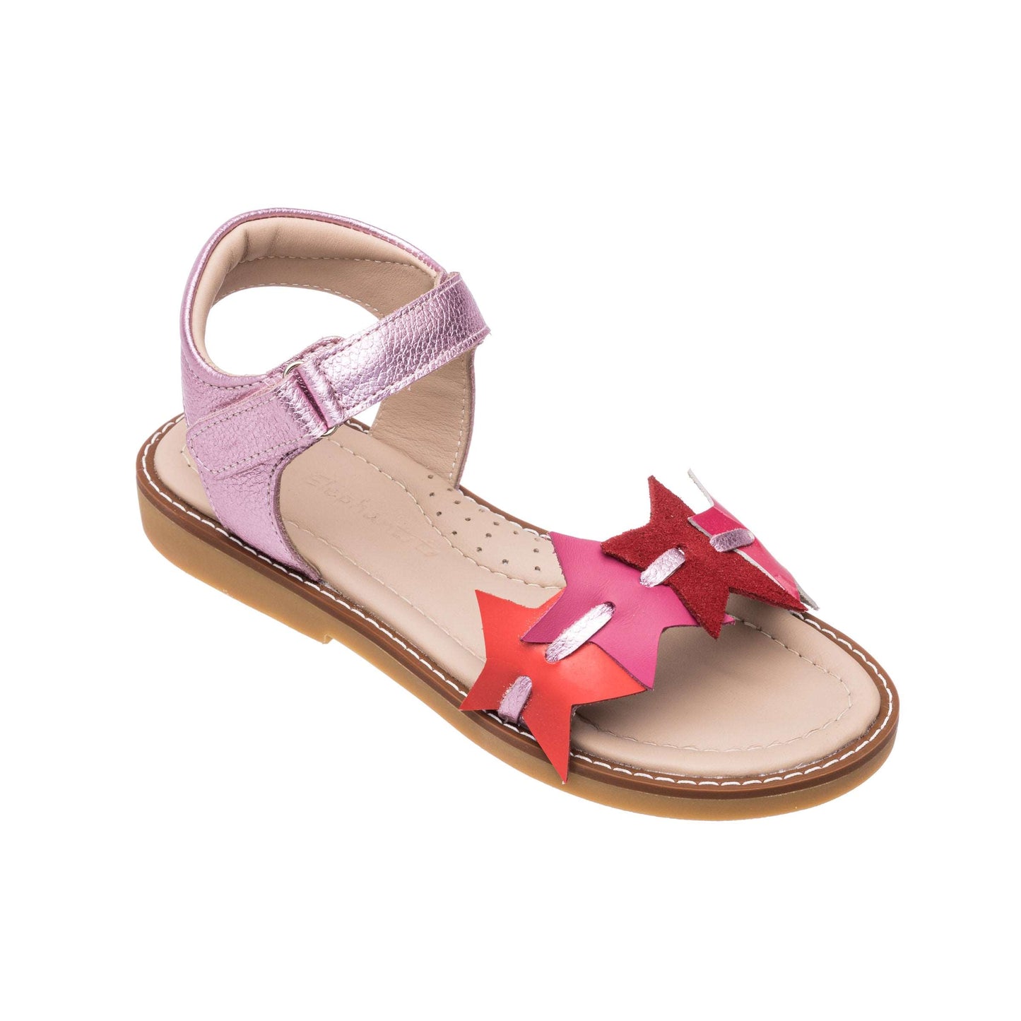 Girls' pink sandal with fuchsia star cutouts and adjustable ankle strap.