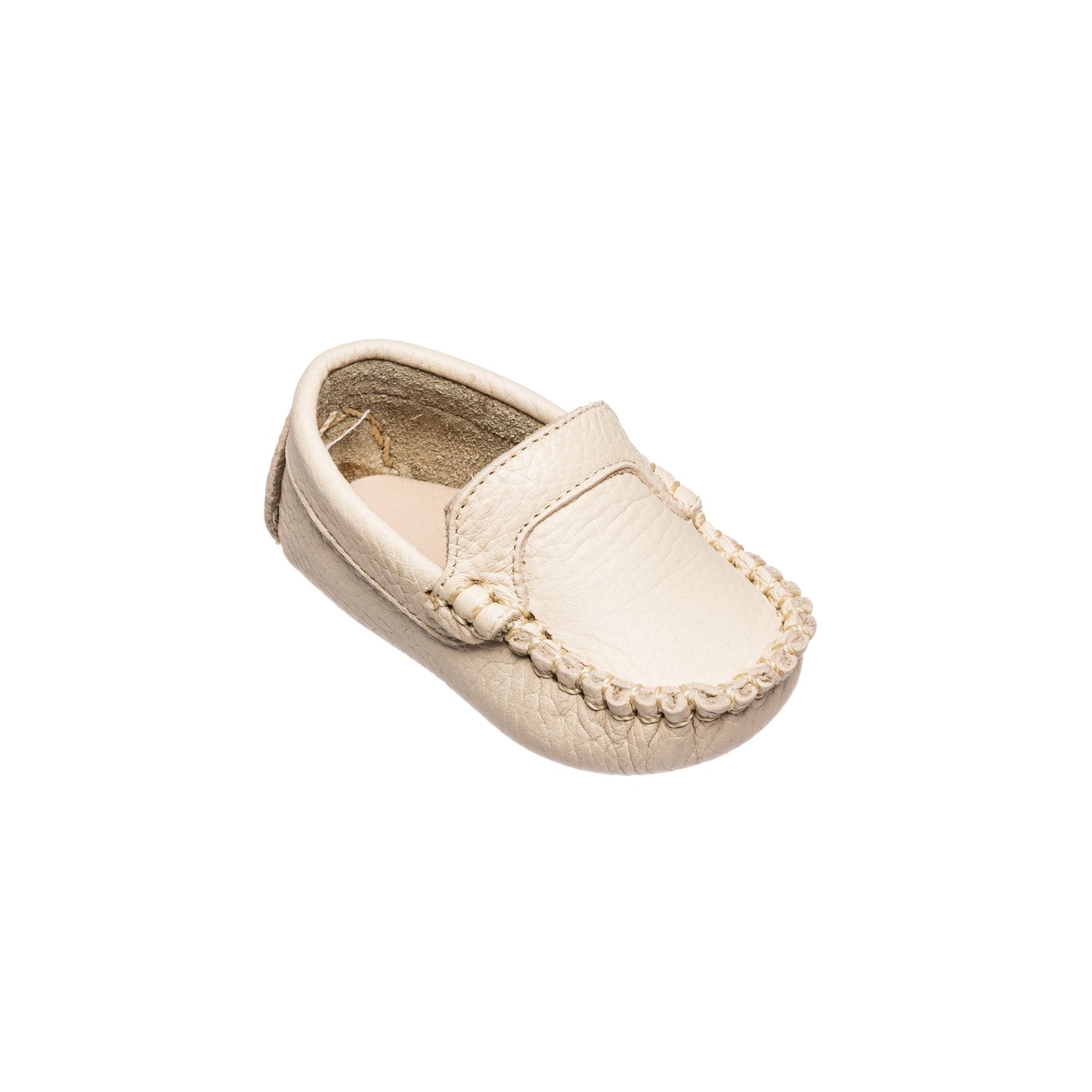Cream leather baby moccasin with hand-stitched details and soft sole.