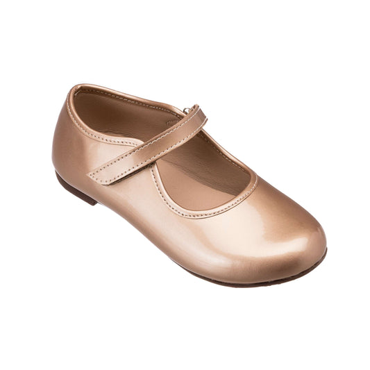 Rose gold toddler Mary Jane shoe with rounded toe and velcro strap closure.