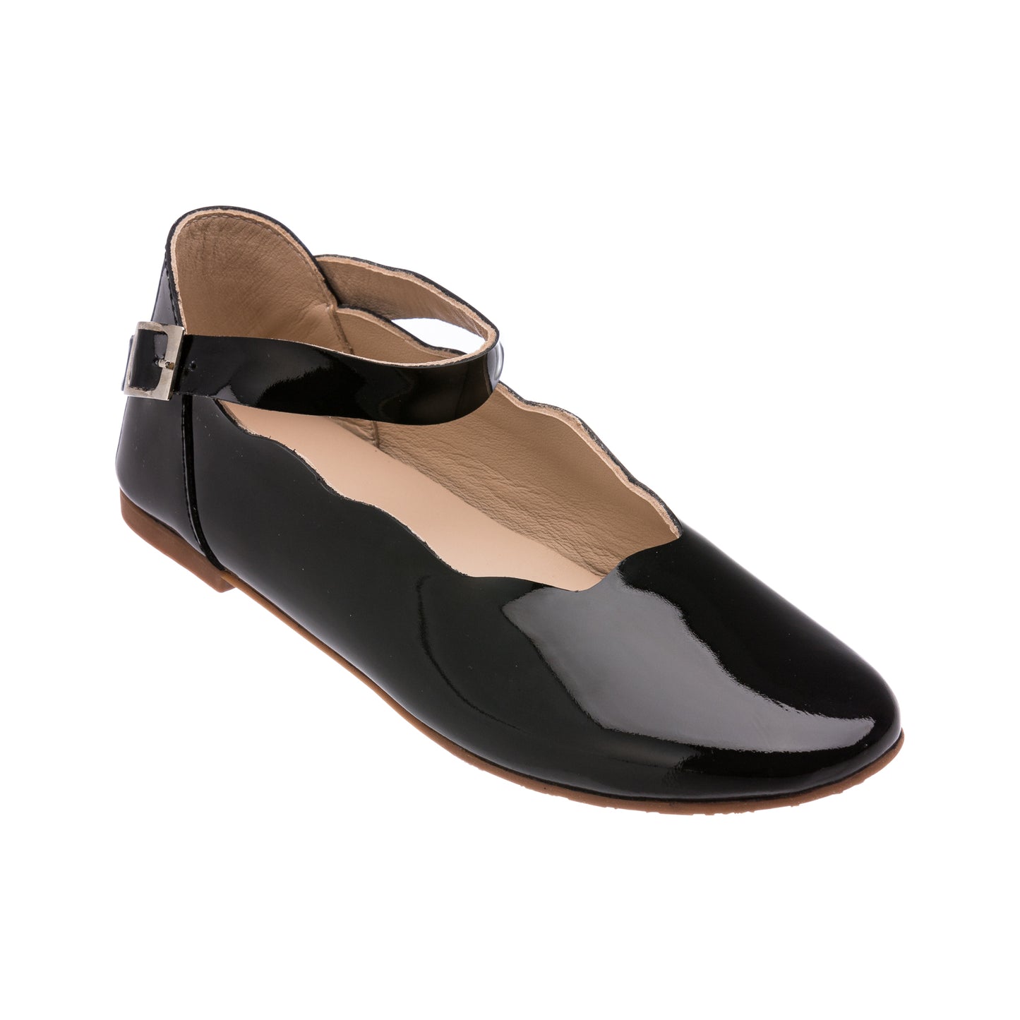 Glossy black patent leather girls' flat with scalloped edges and ankle strap buckle closure.