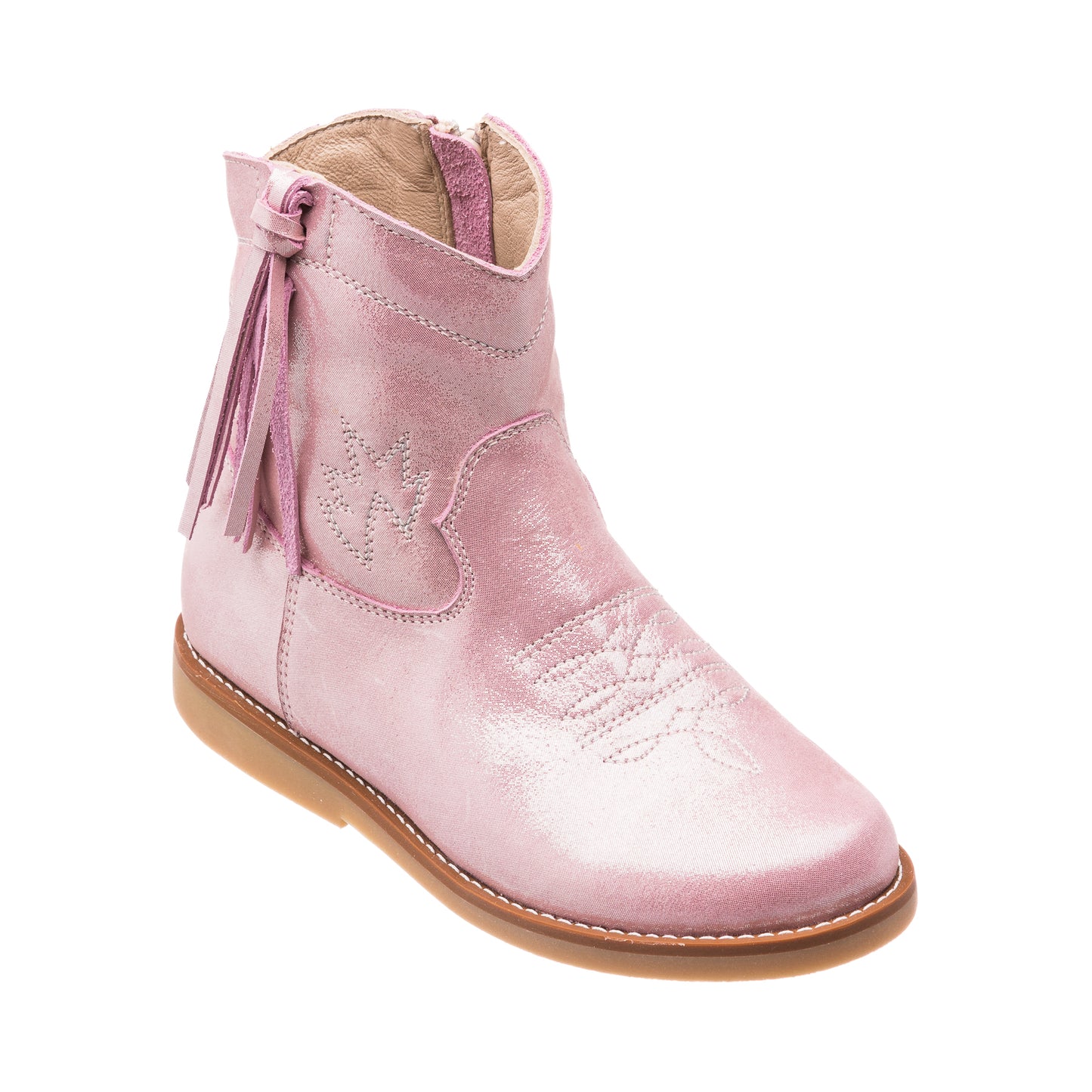 Pink metallic suede toddler boot with stitched detailing and side tassel on tan sole.