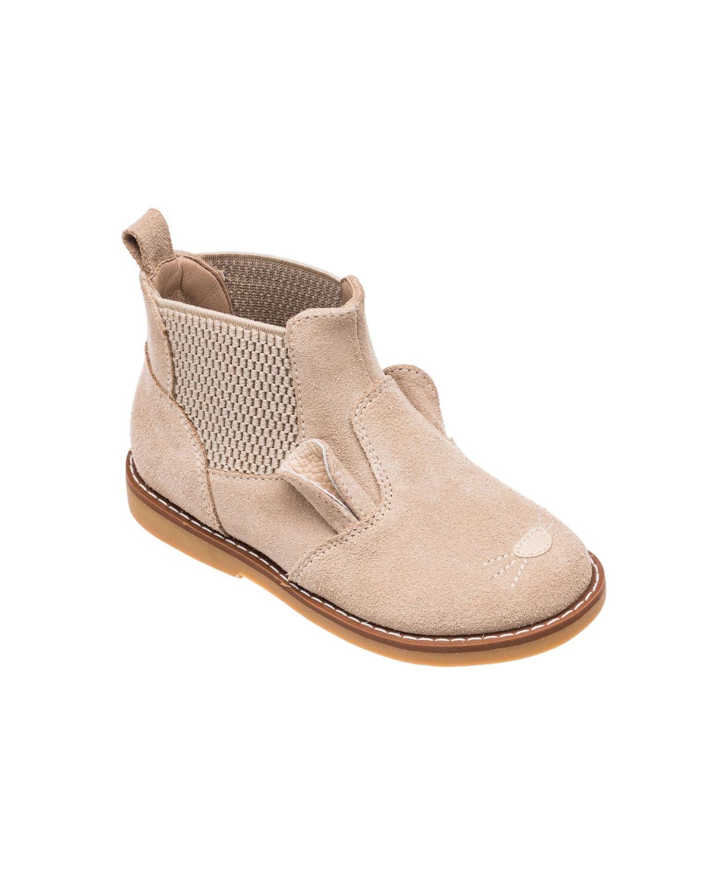 Beige toddler Chelsea boot with elastic side panels and bunny ear accents on the front.