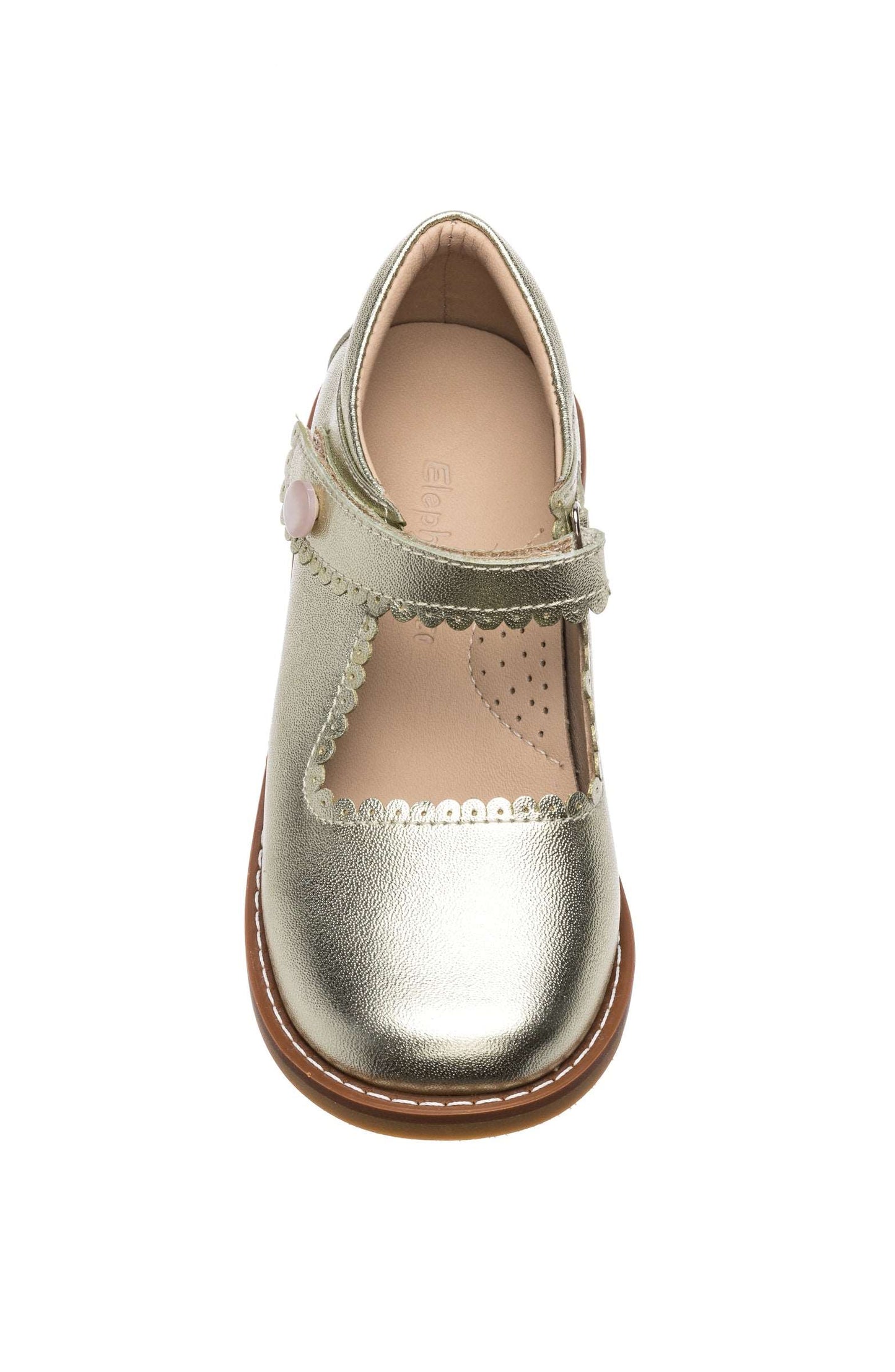 Toddler's metallic gold Mary Jane shoe with scalloped edges and floral buckle strap.