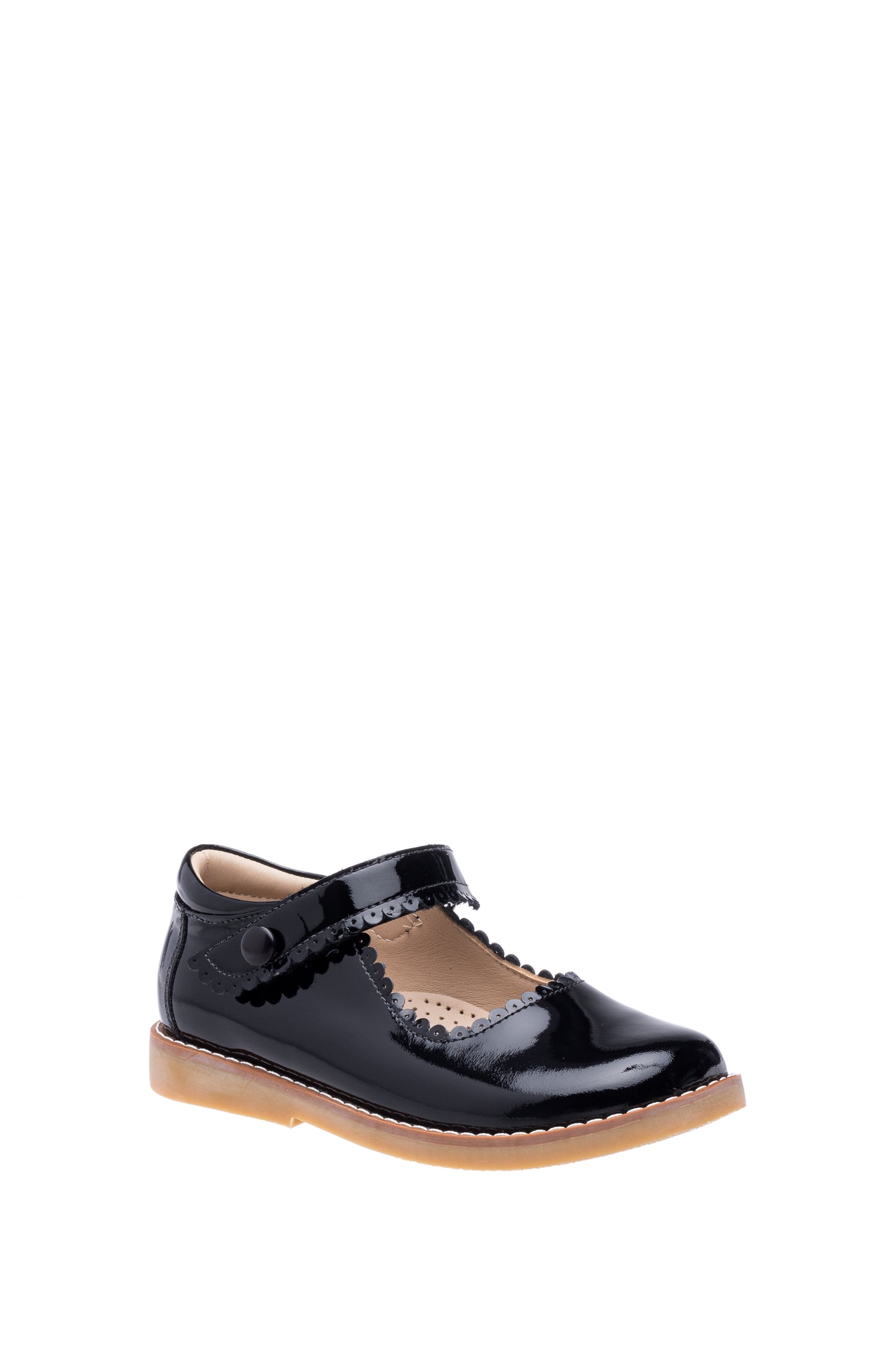 Black patent leather Mary Jane shoe for girls with scalloped edges and tan sole.