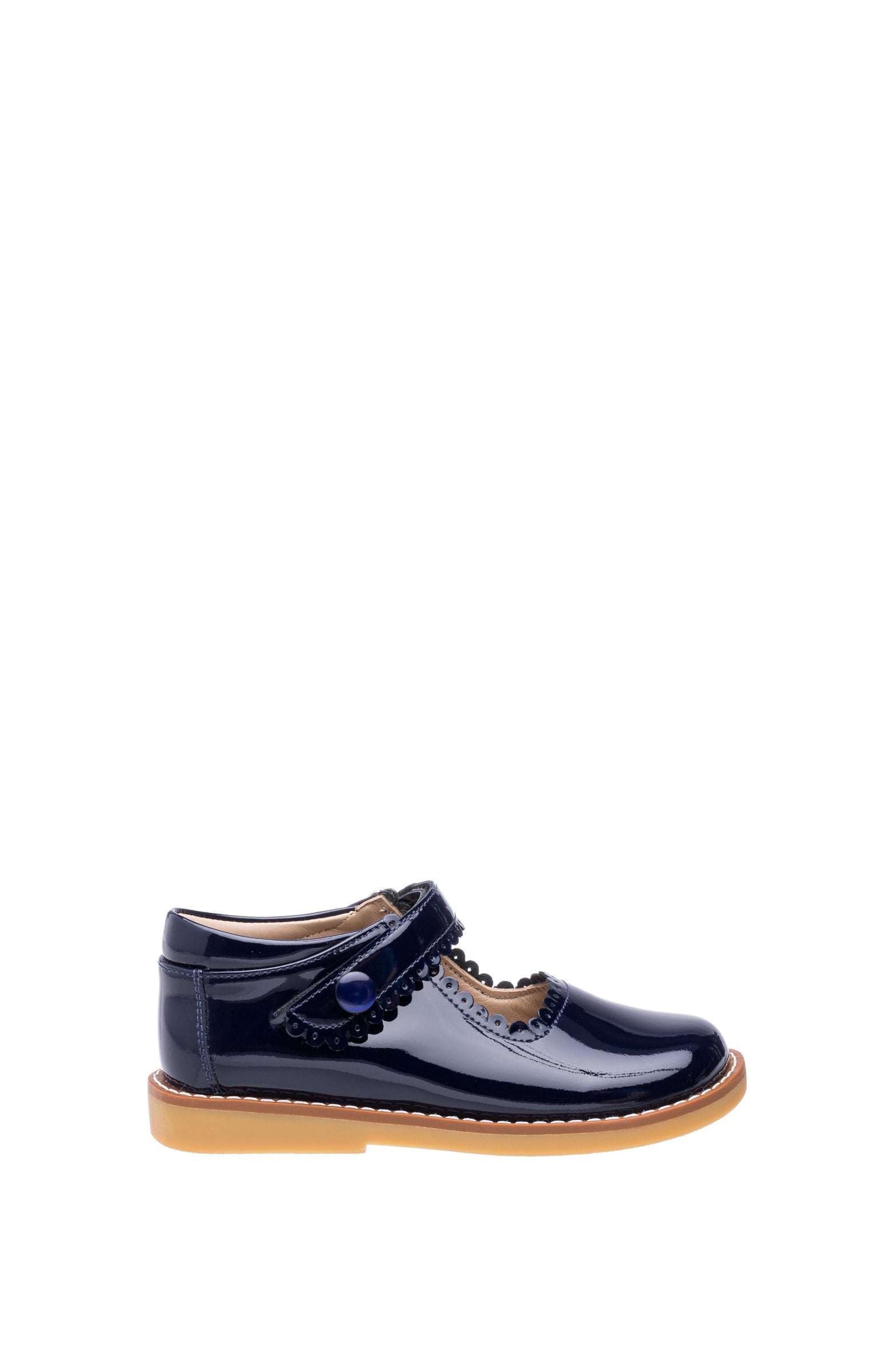 Navy blue patent leather girls Mary Jane shoe with tan sole and Velcro strap.