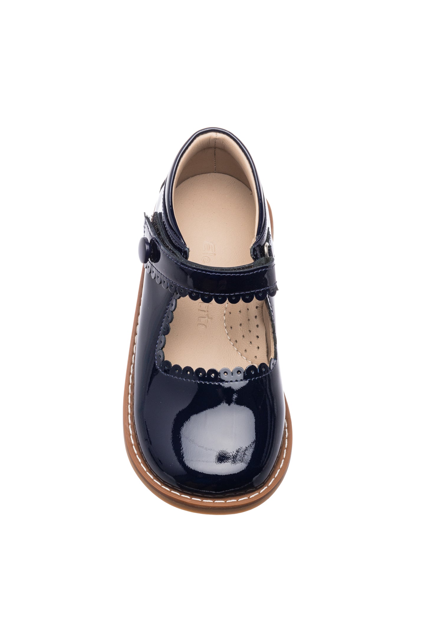 Navy blue patent leather Mary Jane shoe for girls with scalloped edge and buckle strap.