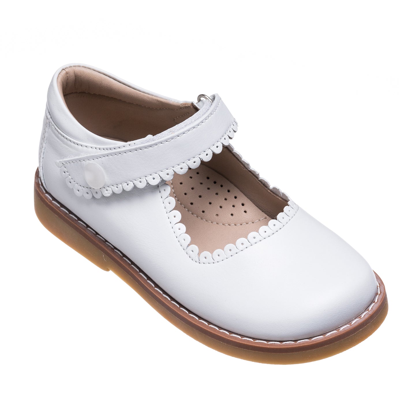 White leather Mary Jane shoe for girls with scalloped edge and perforated insole.