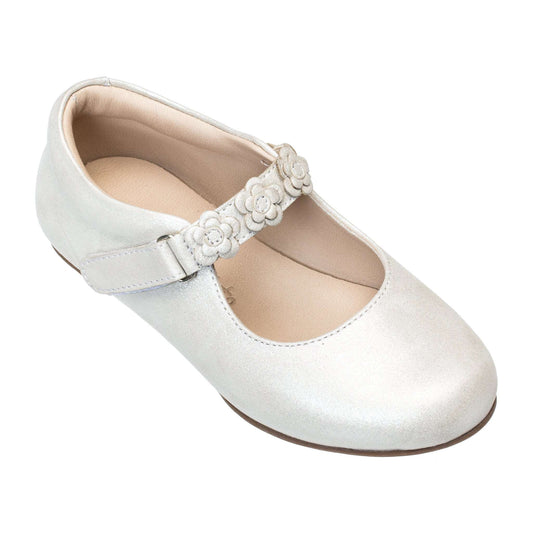 Pearl white girls Mary Jane shoe with floral strap and rounded toe.