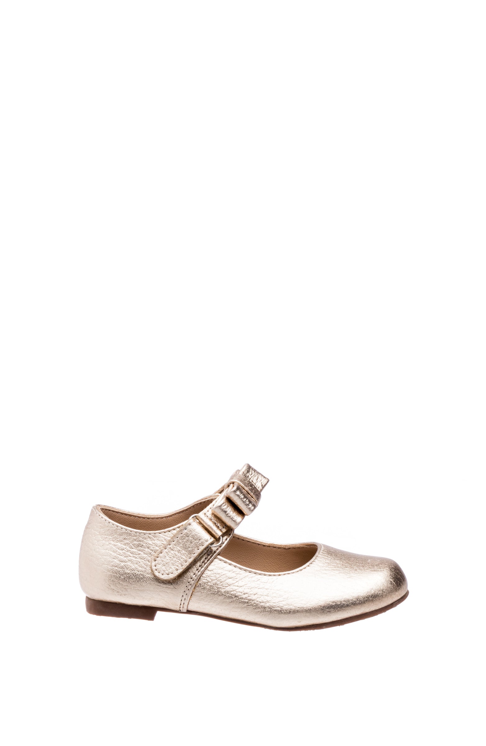 Metallic gold leather Mary Jane shoe with double buckle straps and low heel for children.