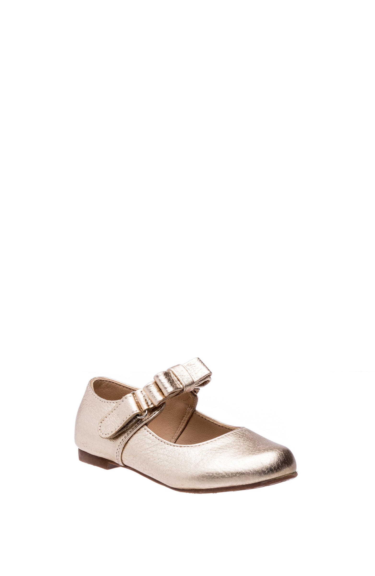 Metallic gold leather girls Mary Jane shoe with scalloped strap and bow detail.