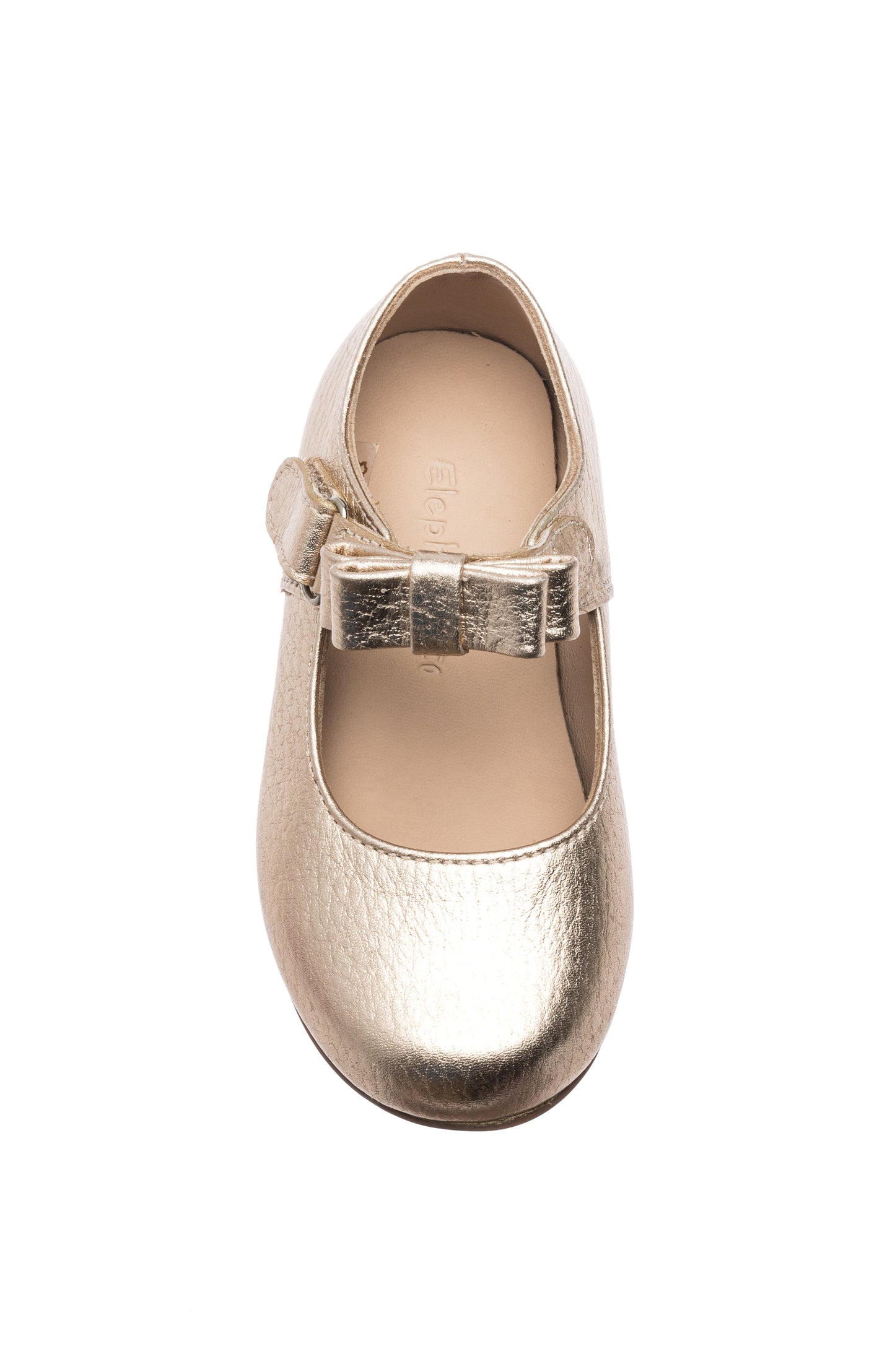 Gold metallic toddler Mary Jane shoe with a textured buckle strap and rounded toe.