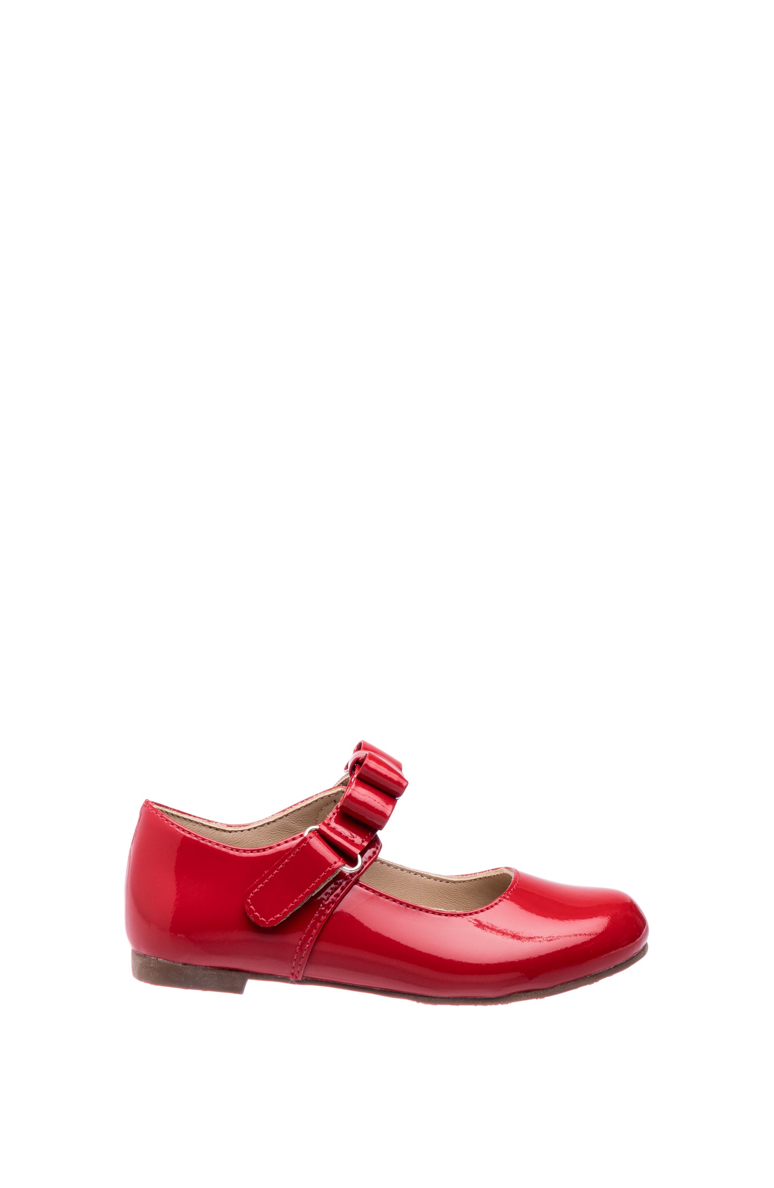 Glossy red patent leather Mary Jane flat with a double strap and stitched sole.