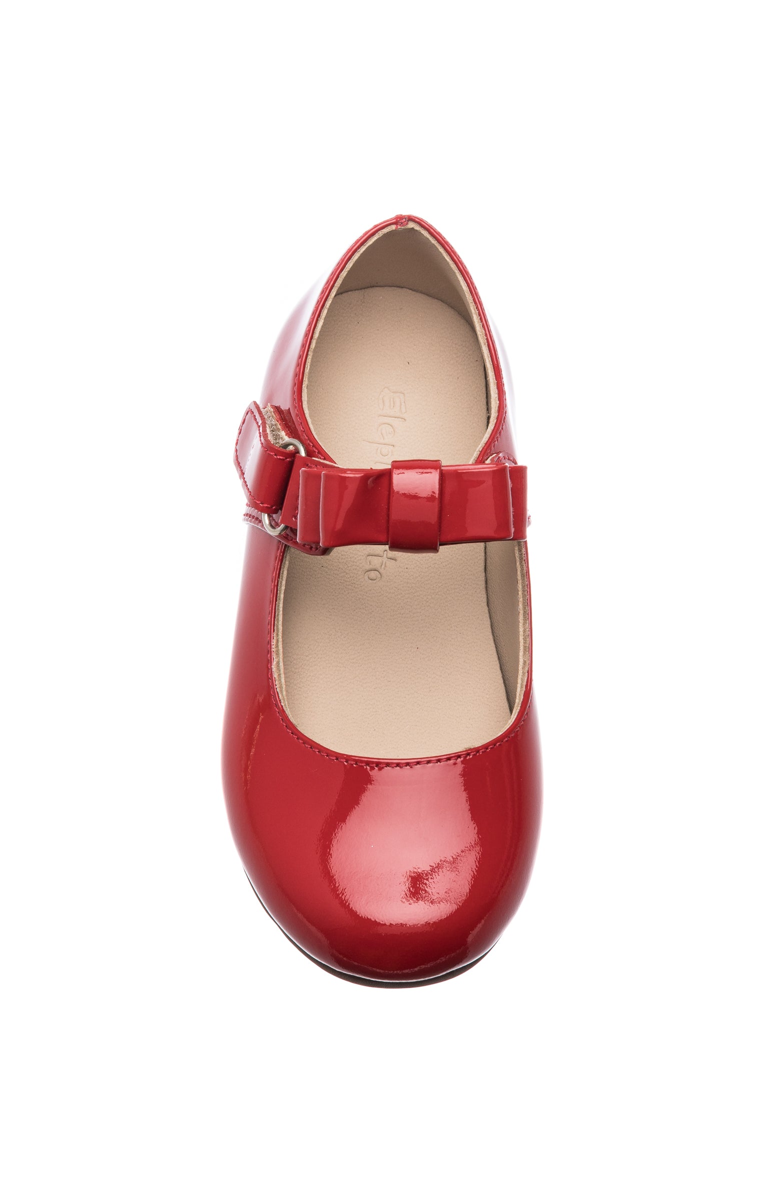 Red patent leather Mary Jane shoe with rounded toe and adjustable buckle strap.