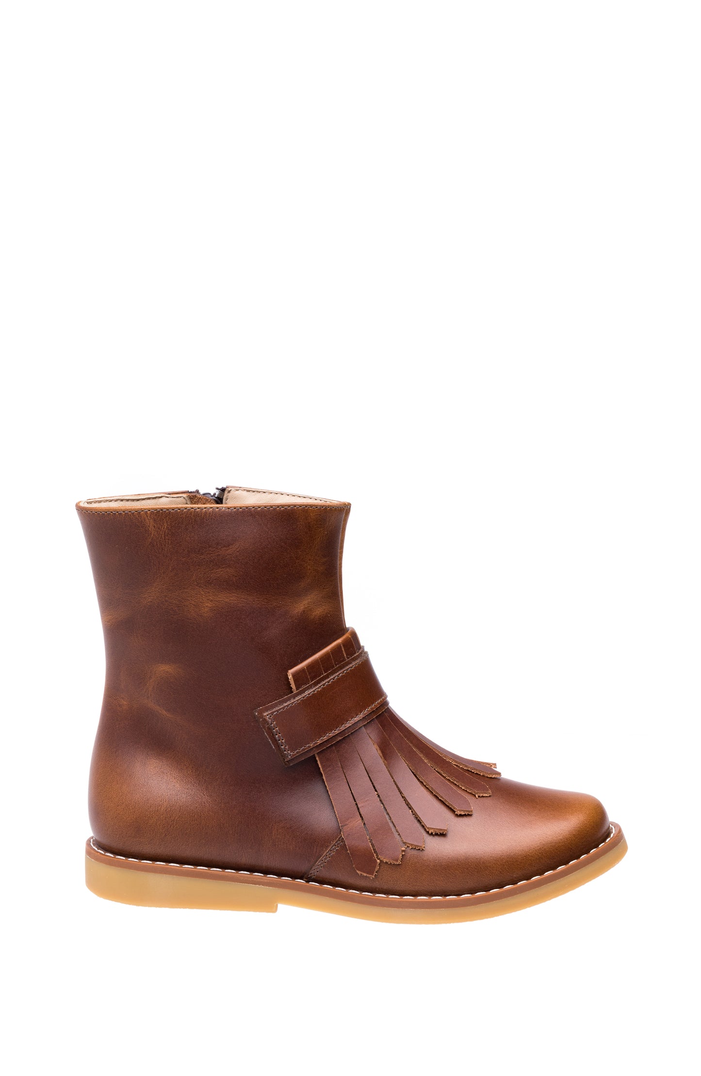 Brown leather children's bootie with fringe detail and velcro strap, tan sole.