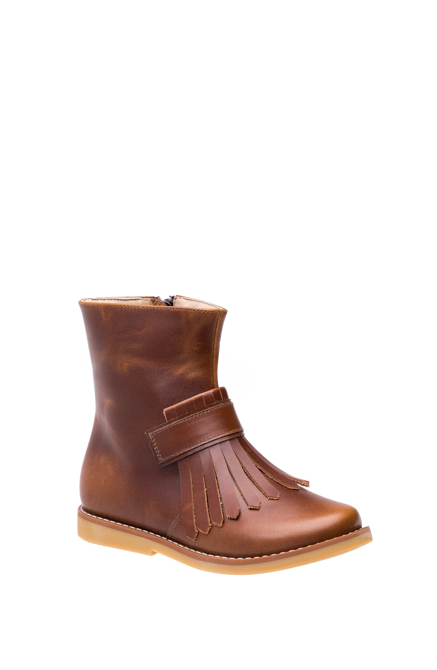 Apache brown leather children's bootie with fringe detail and side zipper, rugged tan sole.