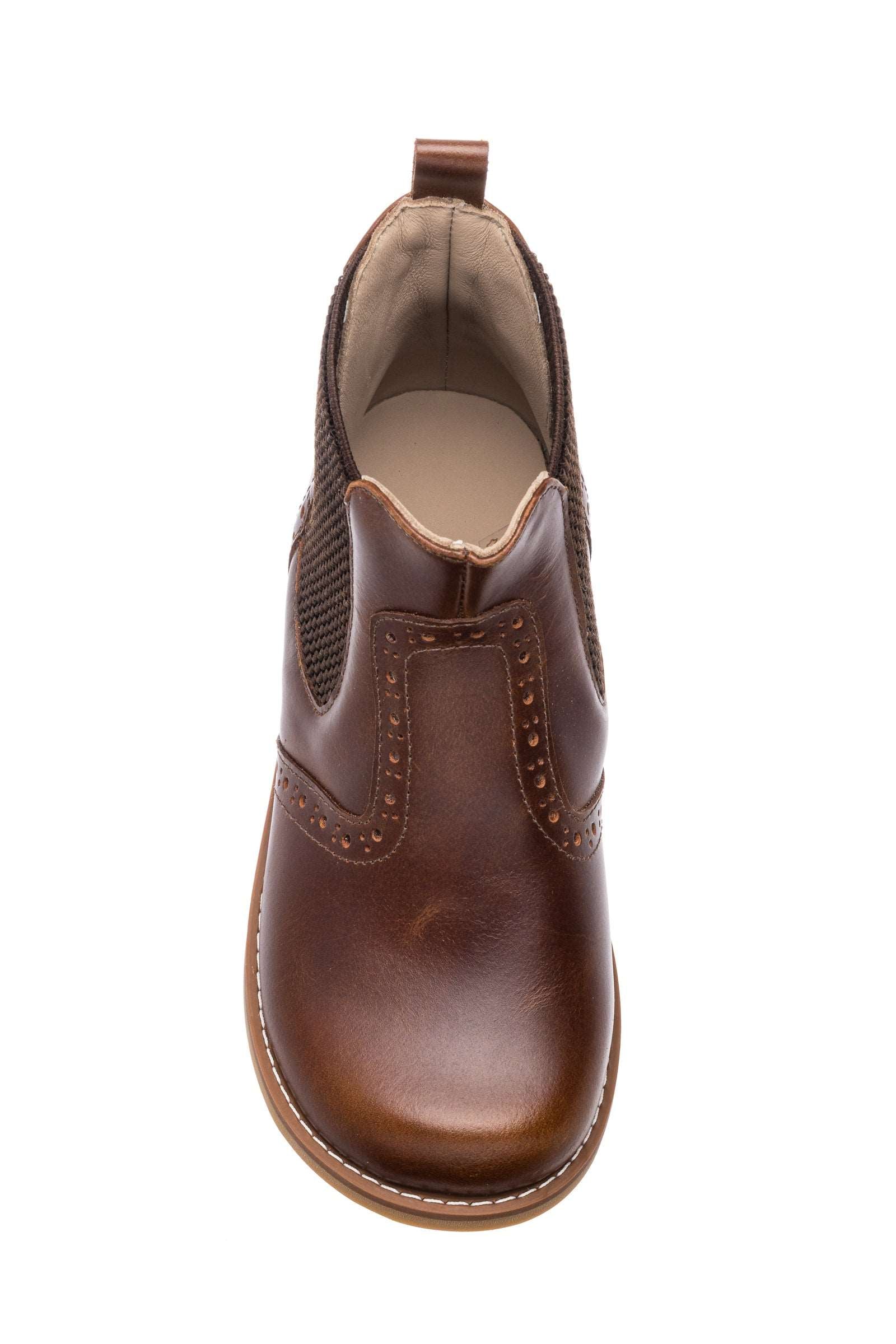 Toddler-sized brown leather bootie with elastic side panels and pull tab at heel.