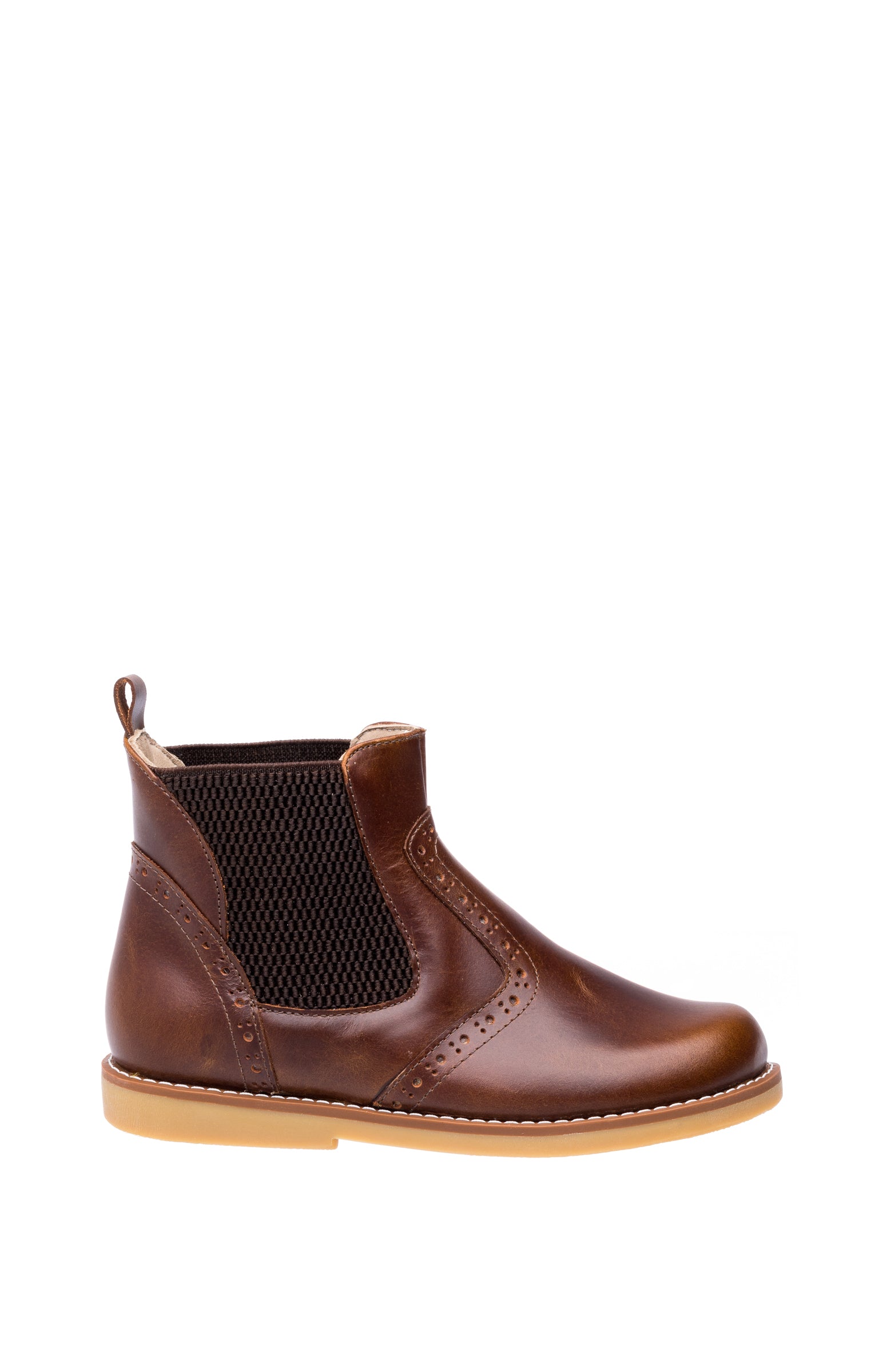 Brown leather children's bootie with elastic side panels and wingtip brogue detailing, tan sole.