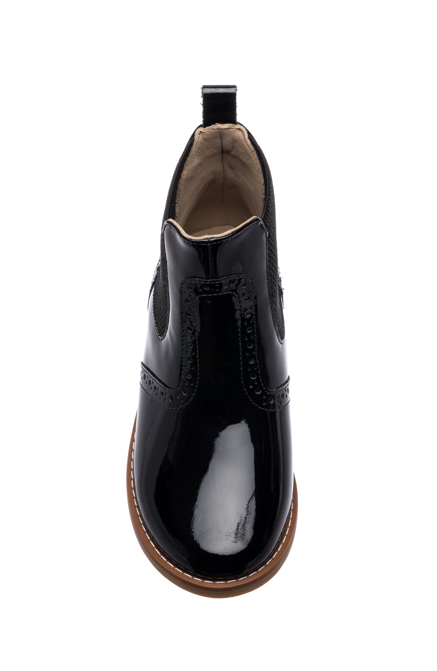 Black patent leather girls' bootie with rounded toe and tan sole trim.