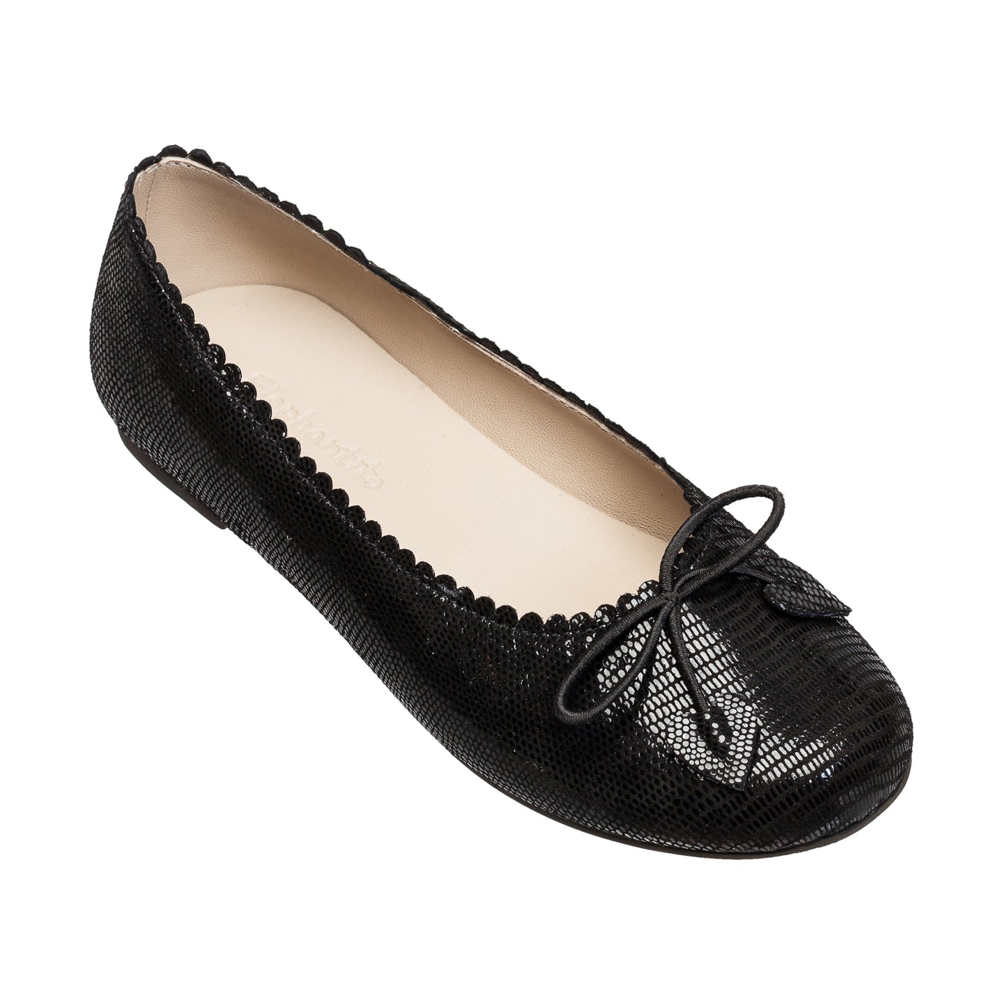 Black textured ballerina flat with scalloped edges and a small bow on top.