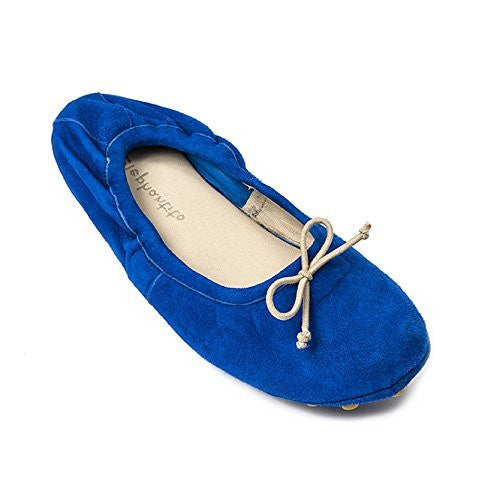 Electric blue suede ballerina flat for girls with a small beige bow on top.