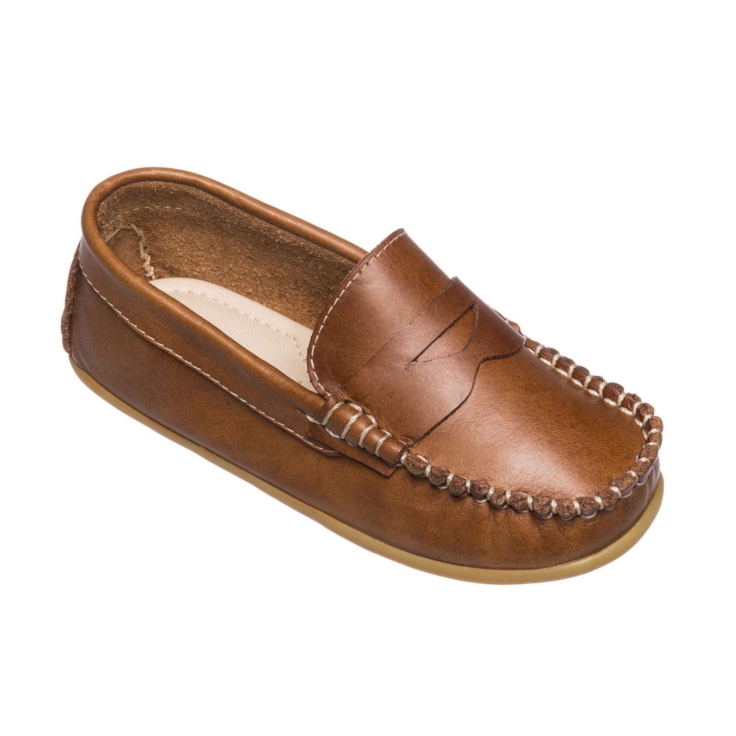 Natural brown leather toddler loafer with moccasin stitching and tan sole.