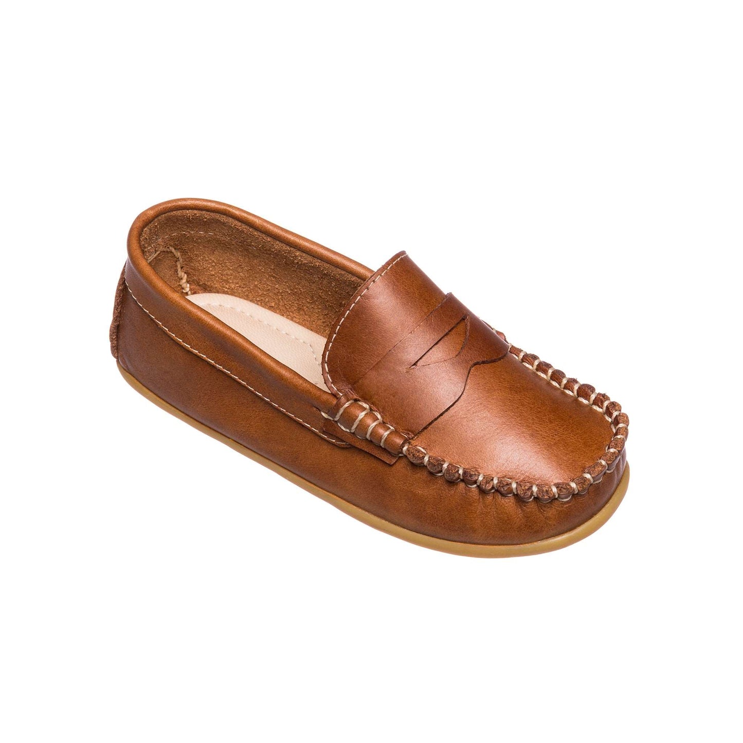 Natural brown toddler leather moccasin with stitched detailing and slip-on design.