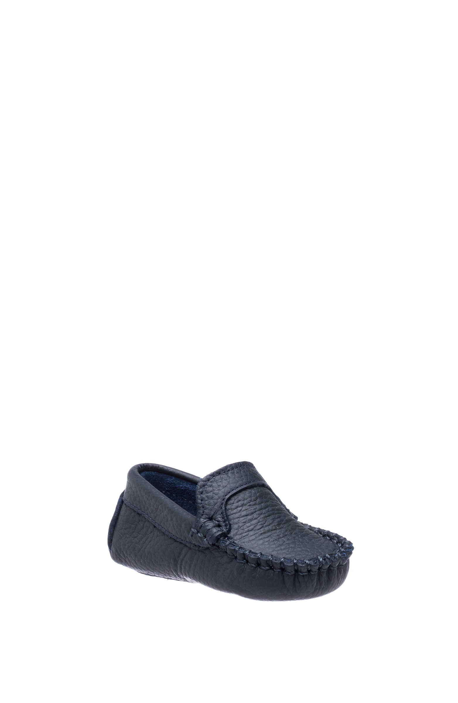Navy blue baby moccasin with stitched detailing and soft sole, toddler shoe style.
