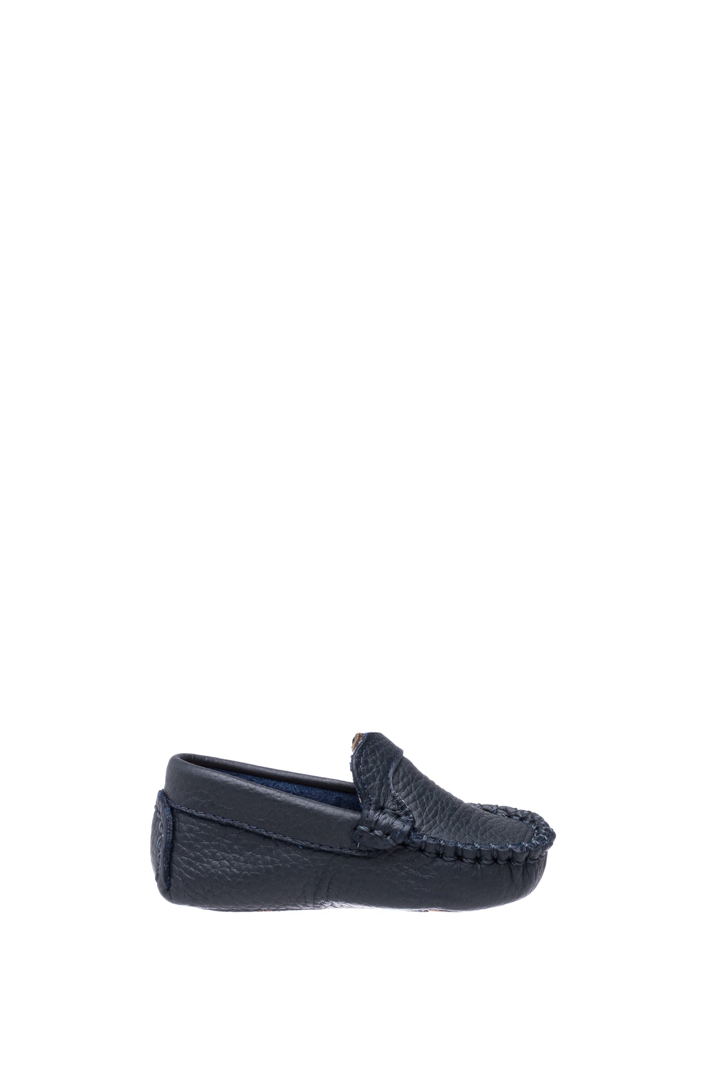 Navy blue baby moccasin with stitched detailing and soft sole.