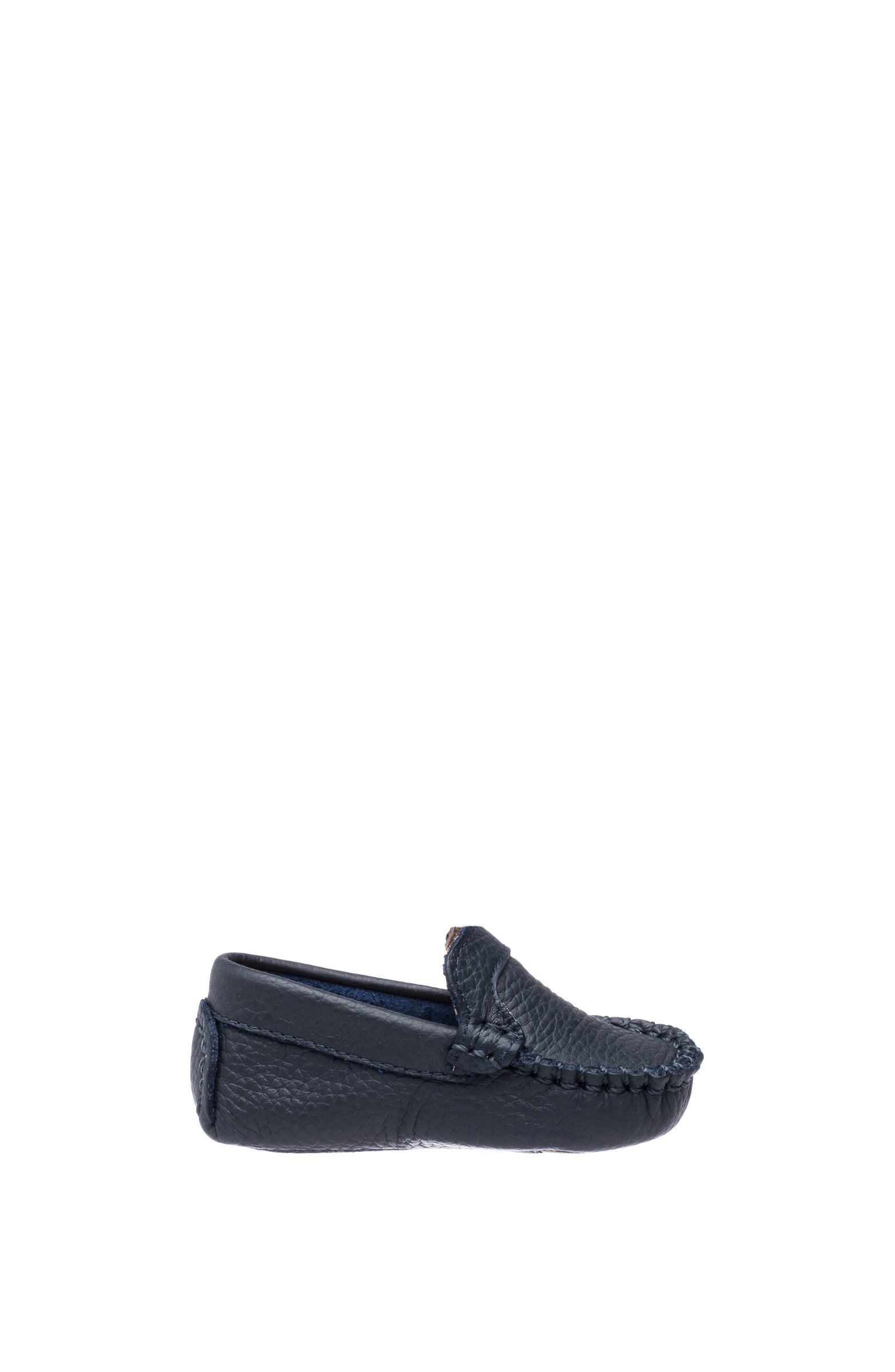 Navy blue baby moccasin with stitched detailing and soft sole.