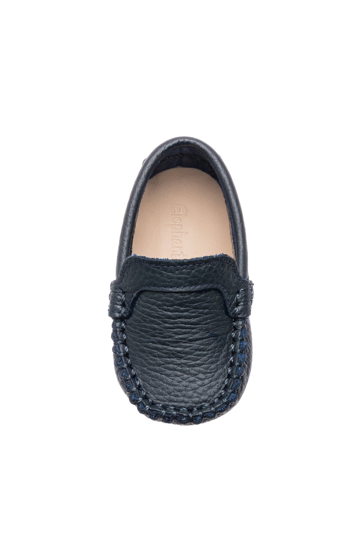 Navy blue leather baby moccasin with stitched detailing and soft inner lining.