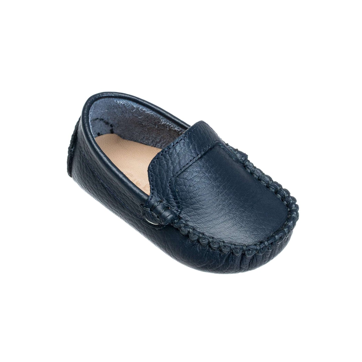 Navy blue leather baby moccasin with stitched detailing and soft sole.