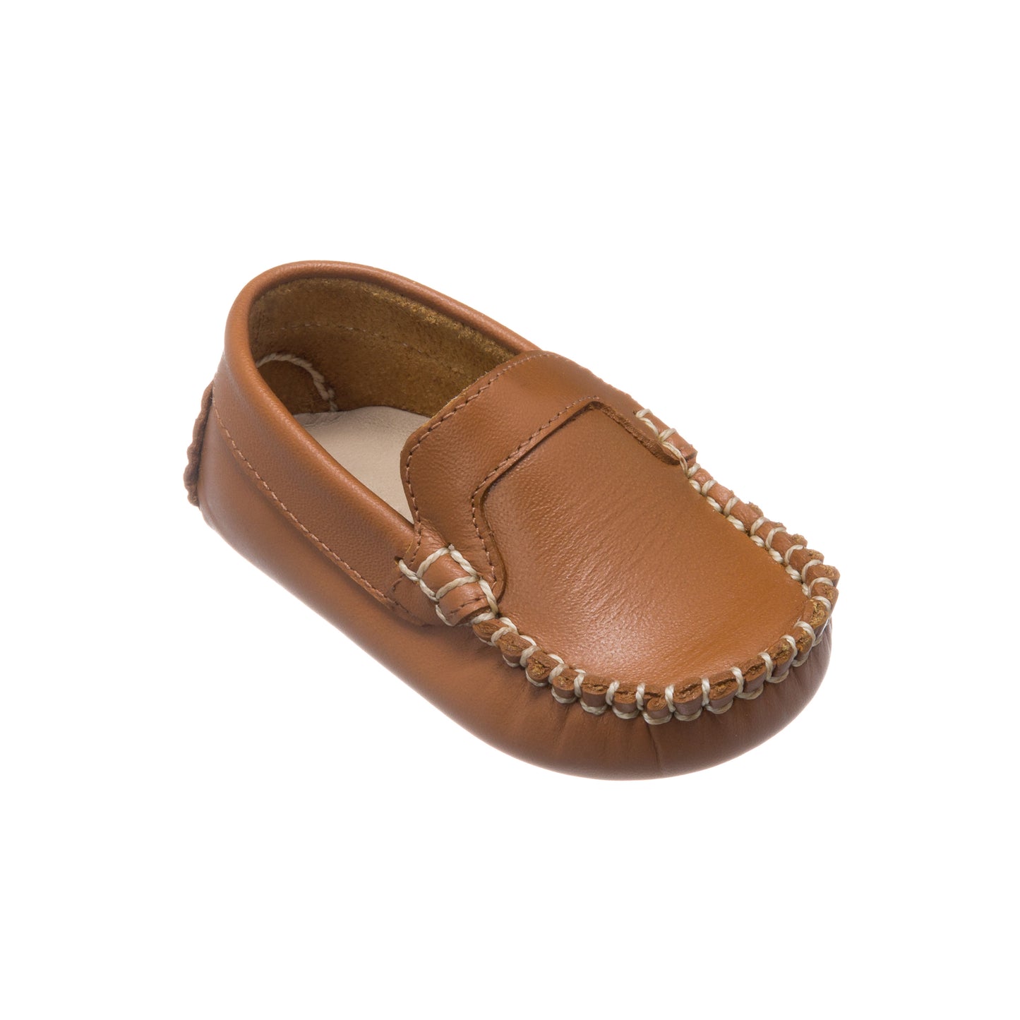 Natural brown leather baby moccasin with whipstitch detailing and soft sole.