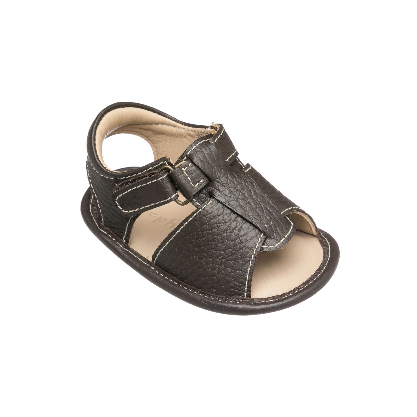 Choco brown baby sandal with textured leather upper and adjustable velcro strap.