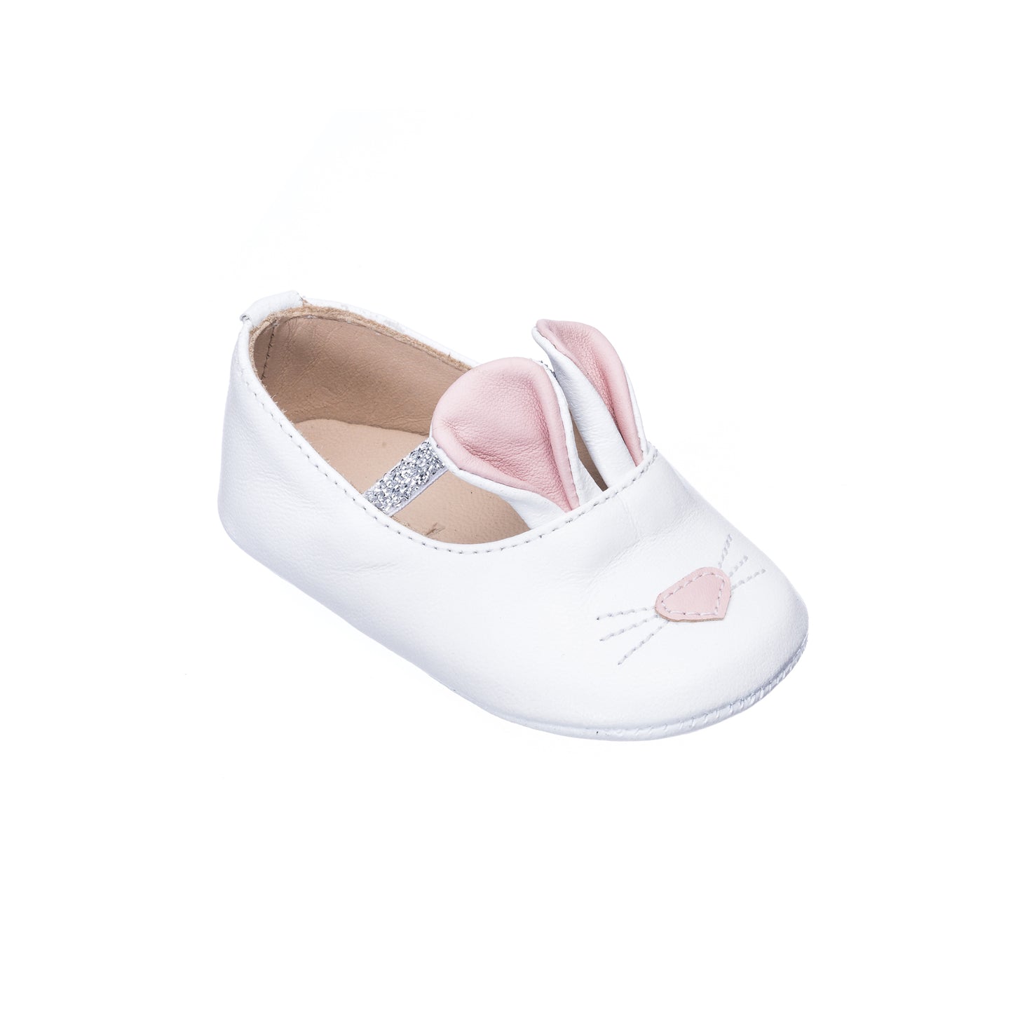 White infant slipper with pink bunny ears and embroidered nose and whiskers.