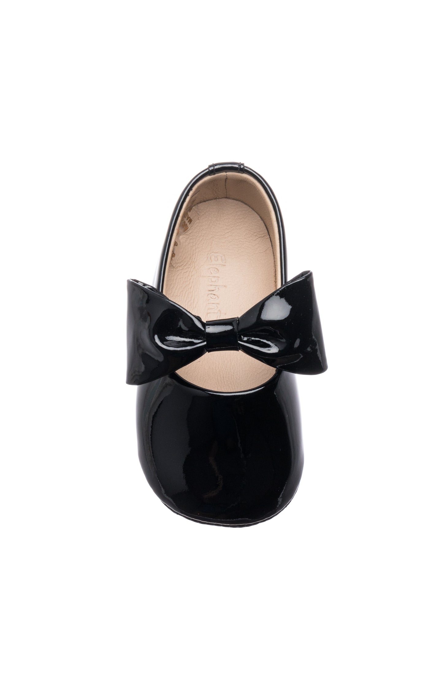 Black patent leather baby ballerina shoe with large decorative bow on top.