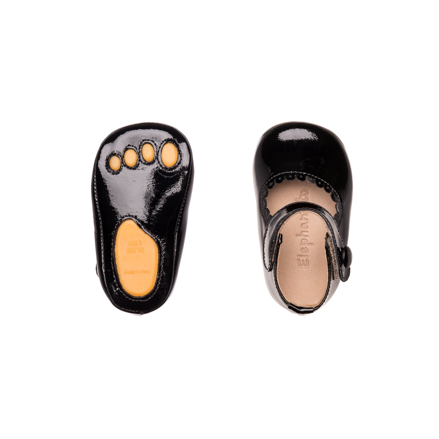 Glossy black patent leather baby Mary Jane shoes with buckle strap and scalloped edges.