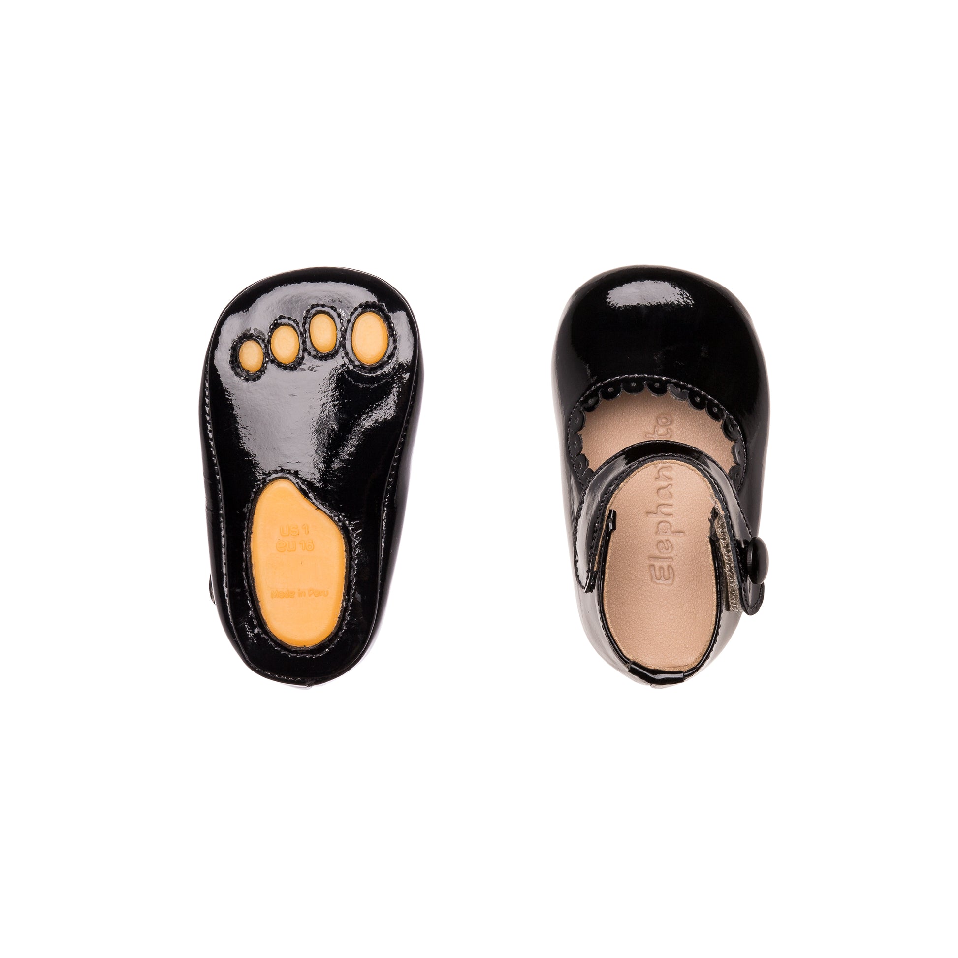 Glossy black patent leather baby Mary Jane shoes with buckle strap and scalloped edges.