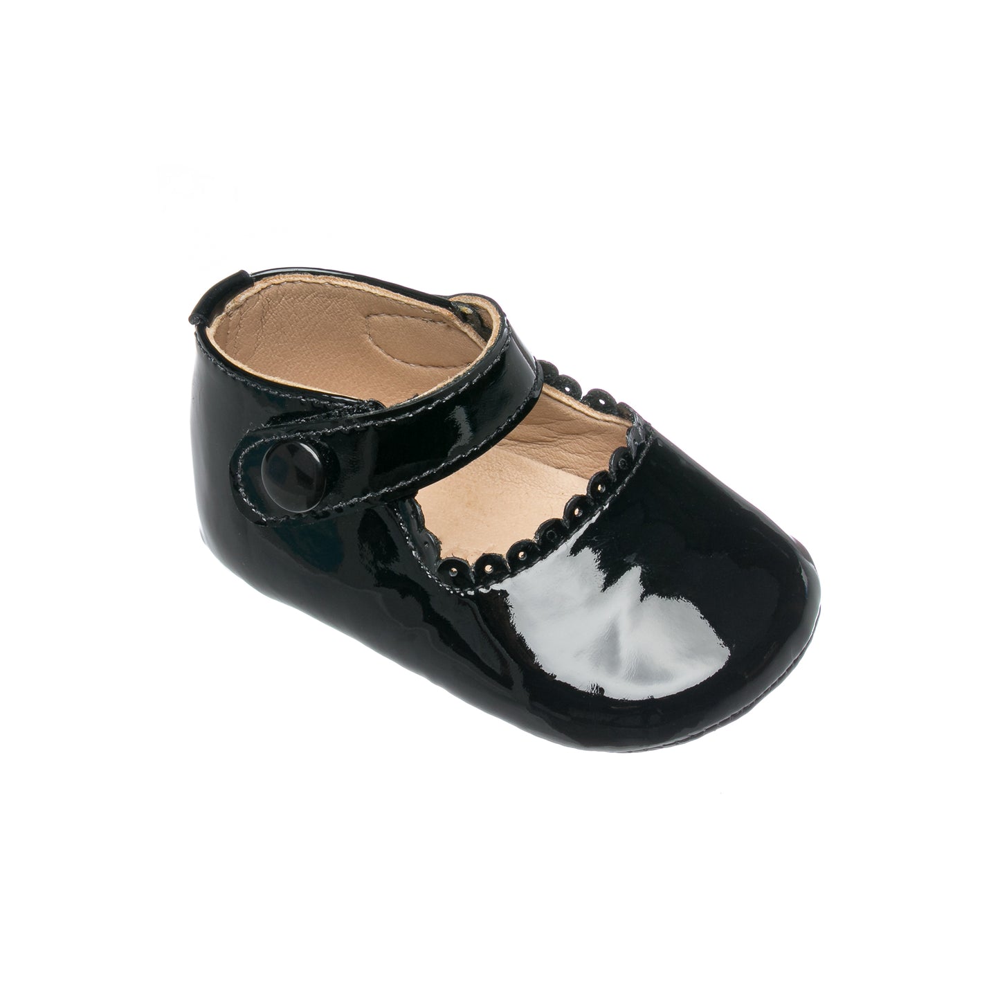 Glossy black patent leather baby Mary Jane shoe with scalloped edge and Velcro strap closure.