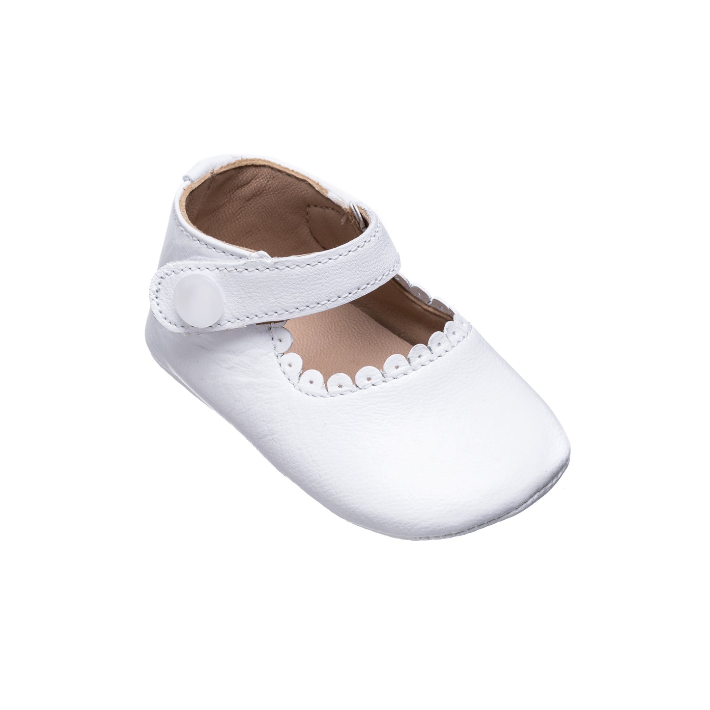 White leather baby Mary Jane shoe with scalloped edge and Velcro strap closure.