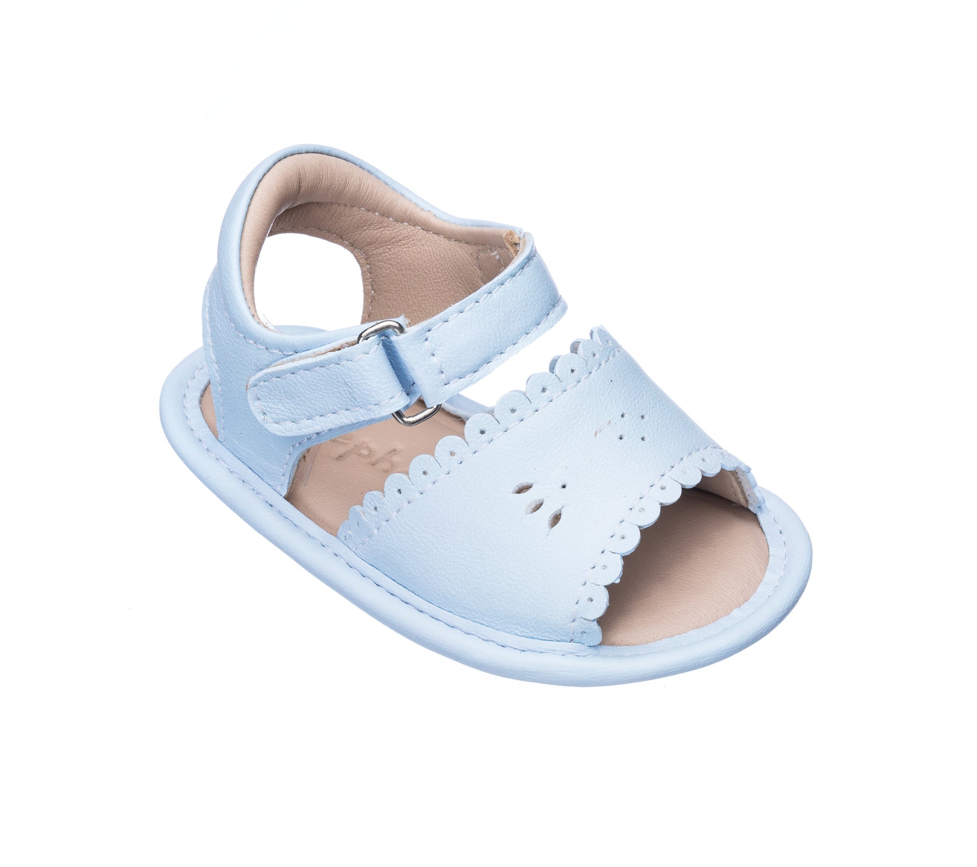 Light blue baby sandal with scalloped edges and Velcro strap closure.