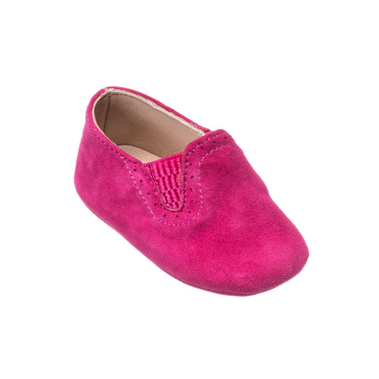 Fuschia suede baby sleeper shoe with elastic side detailing and soft lining.