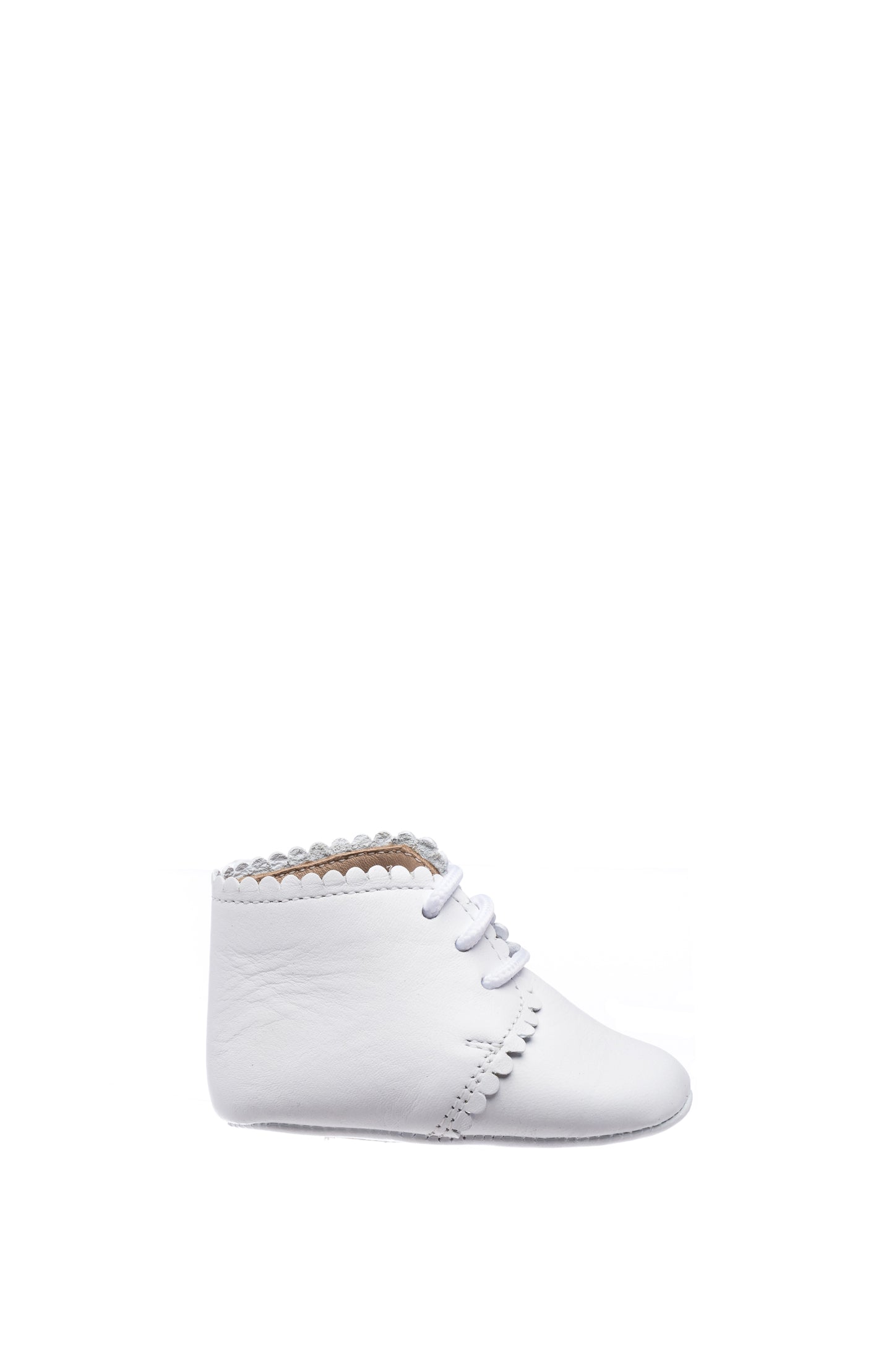 White leather baby bootie with scalloped edges and lace-up front detailing.