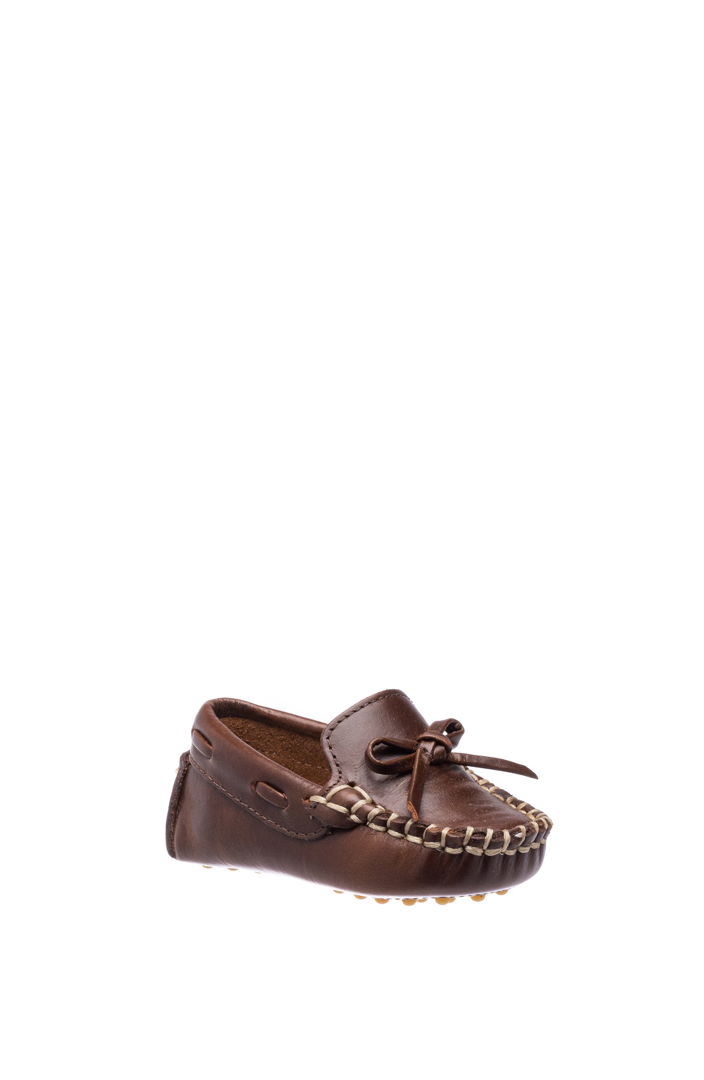 Brown leather baby driver loafer with moccasin stitching and tied bow on top.