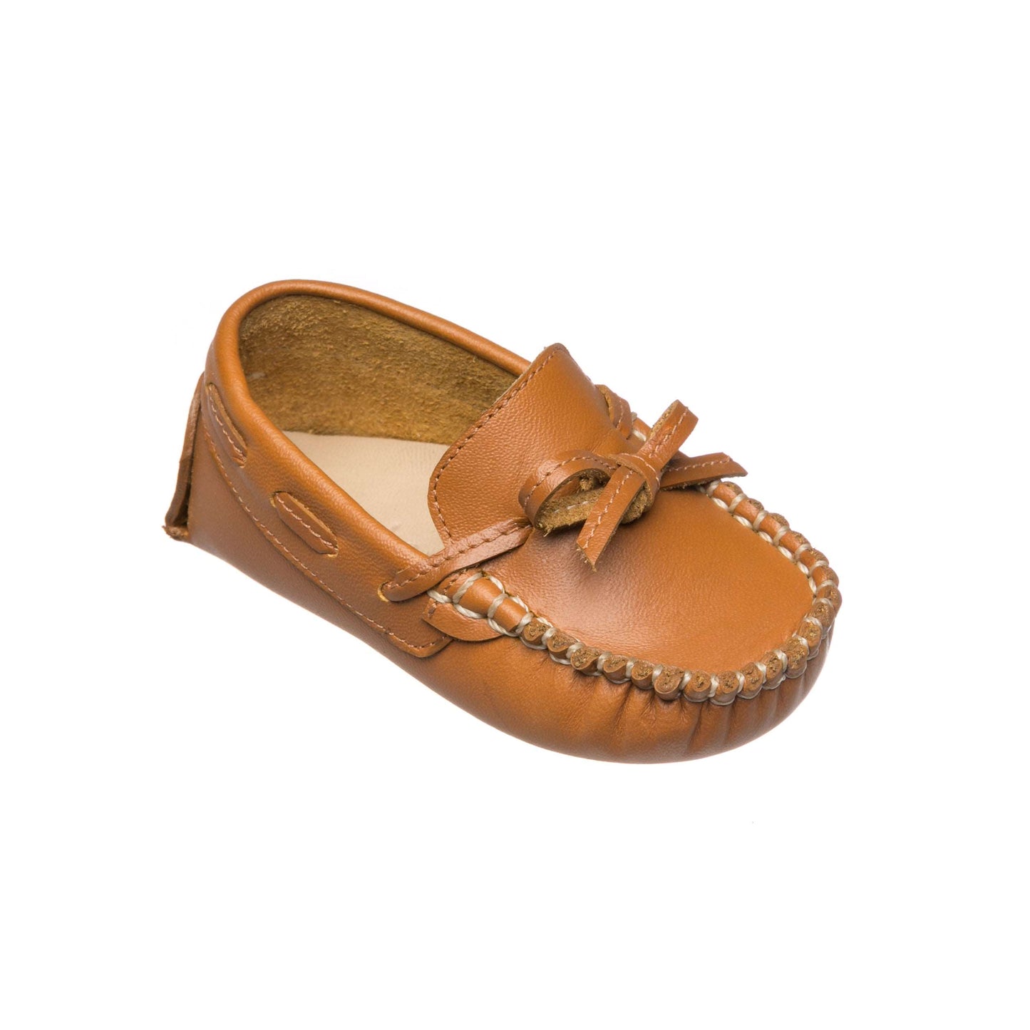 Tan leather baby driver loafer with moccasin stitching and bow detail.