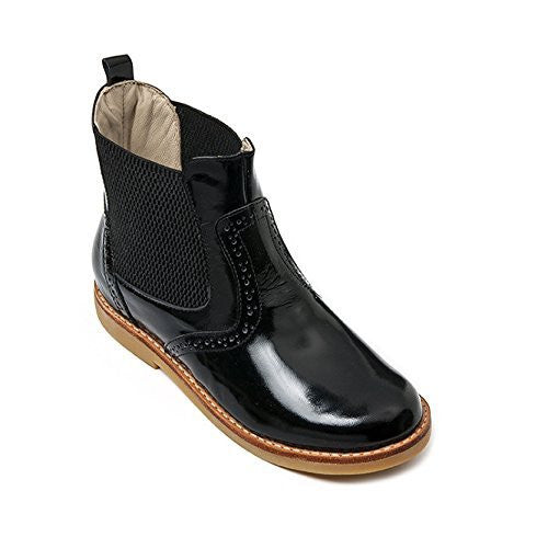 Glossy black patent leather girls' bootie with elastic side panels and tan welted sole.