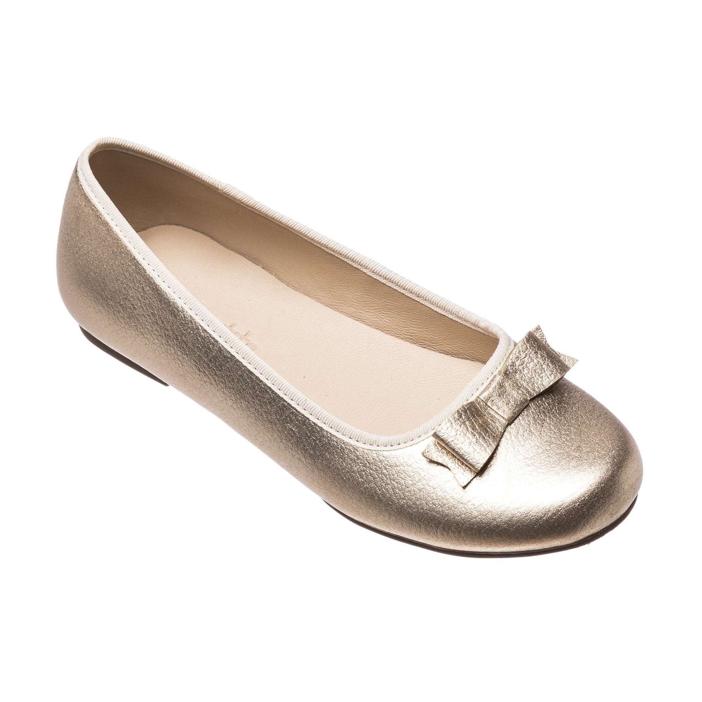Gold metallic children's ballet flat with small bow detail and rounded toe.