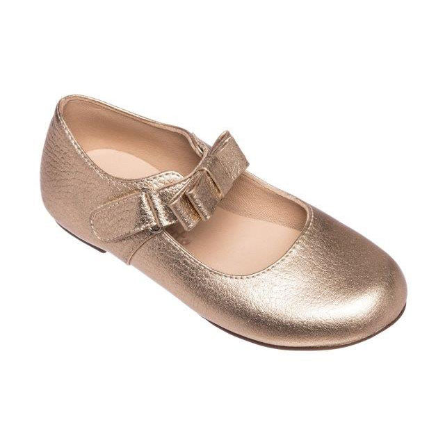 Metallic gold leather girls Mary Jane shoe with adjustable strap and rounded toe.