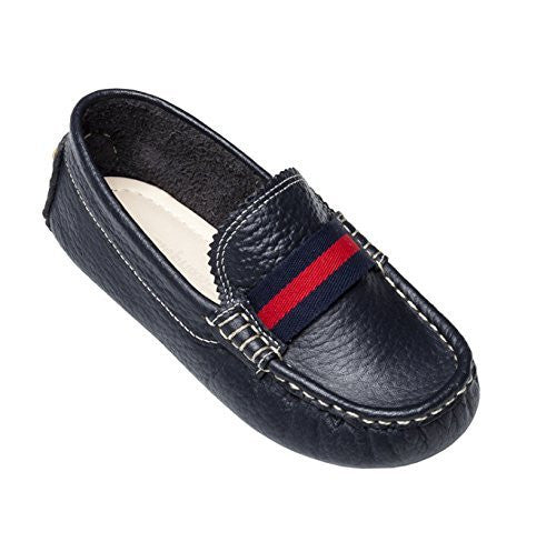 Navy blue leather boys loafer with red and navy striped fabric strap and white contrast stitching.