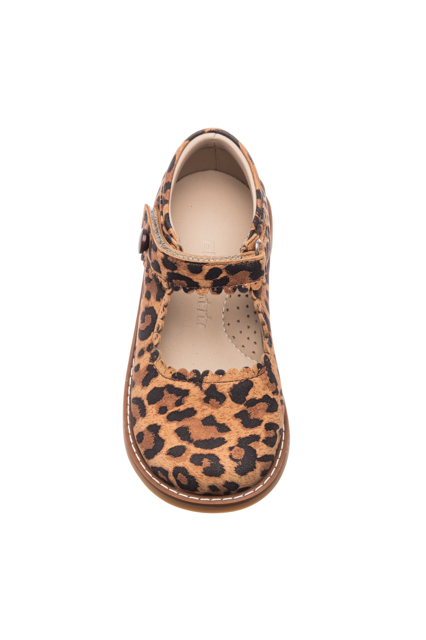 Girls' Mary Jane shoe with leopard print, rounded toe, and single strap buckle closure.