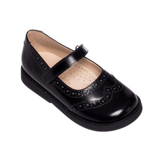 Black leather Mary Jane shoe with perforated brogue detailing and Velcro strap.